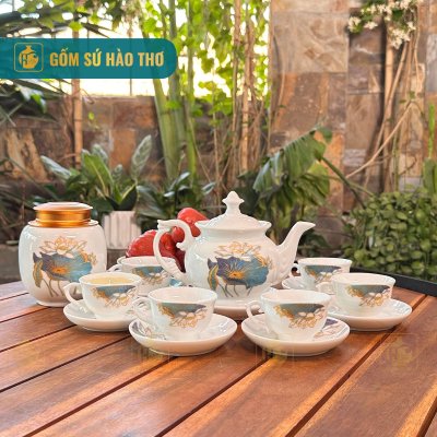 Bộ Ấm Chén Phú Quý Họa Tiết Liên Hoa Thanh Lục - 500ml