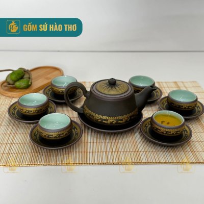 Bộ Ấm Chén Thiên Nga Xanh Viền Hạc - 450ml