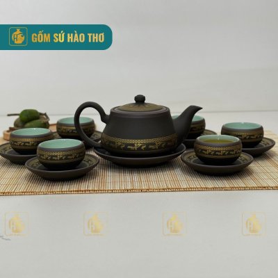 Bộ Ấm Chén Thiên Nga Xanh Viền Hạc - 450ml