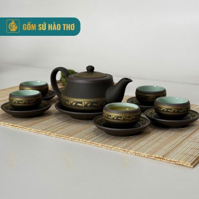 Bộ Ấm Chén Thiên Nga Xanh Viền Hạc - 450ml