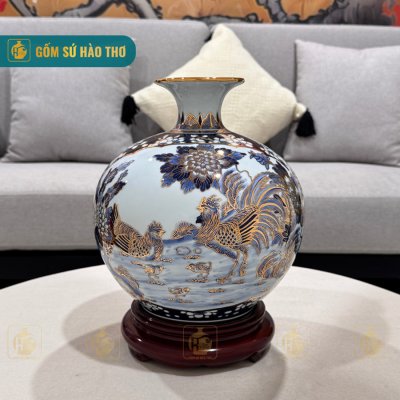 Bình hút lộc nhị cảnh vẽ vàng Tùng Hạc, Tiêu kê đại cát HLVV27 - 22/26/30/35cm