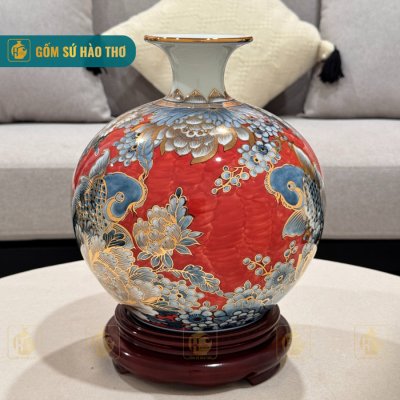 Bình hút lộc cá chép ngàn hoa vẽ vàng nền đỏ - HLVV82 - H22/H26/H30/H35/H40